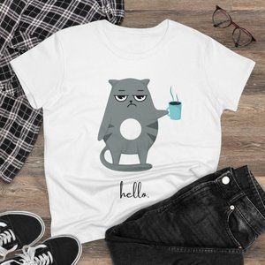 Funny Cat Coffee Grumpy Humor Mom Girl Woman's T Shirt Tee Top Cute S M L XL